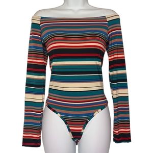POLLY & ESTHER Colorful Stripe Print Off Shoulder Long Sleeve Bodysuit Large NWT